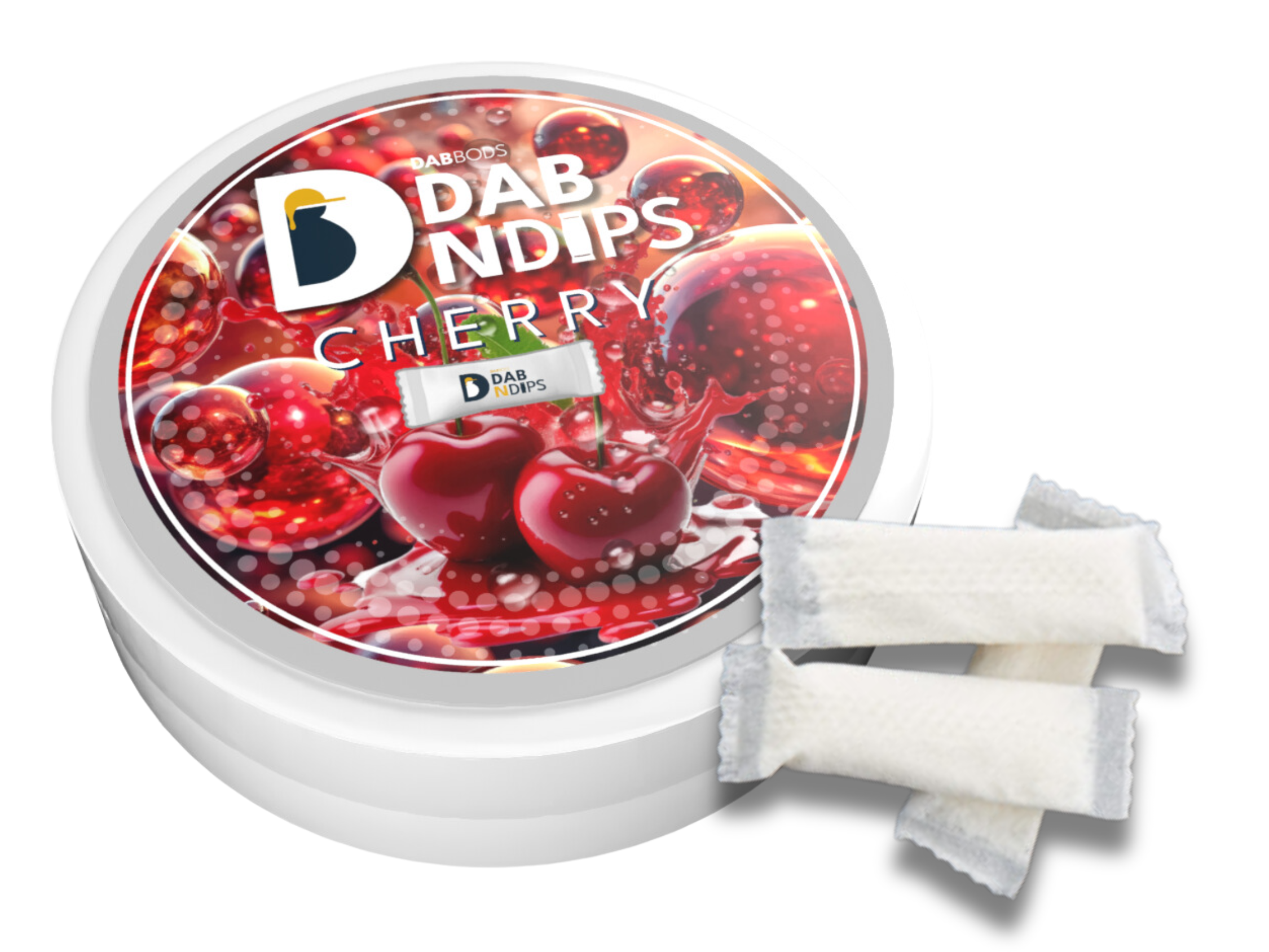 Cherry Dab N Dips by Dab Bods container and image of the THC pouches