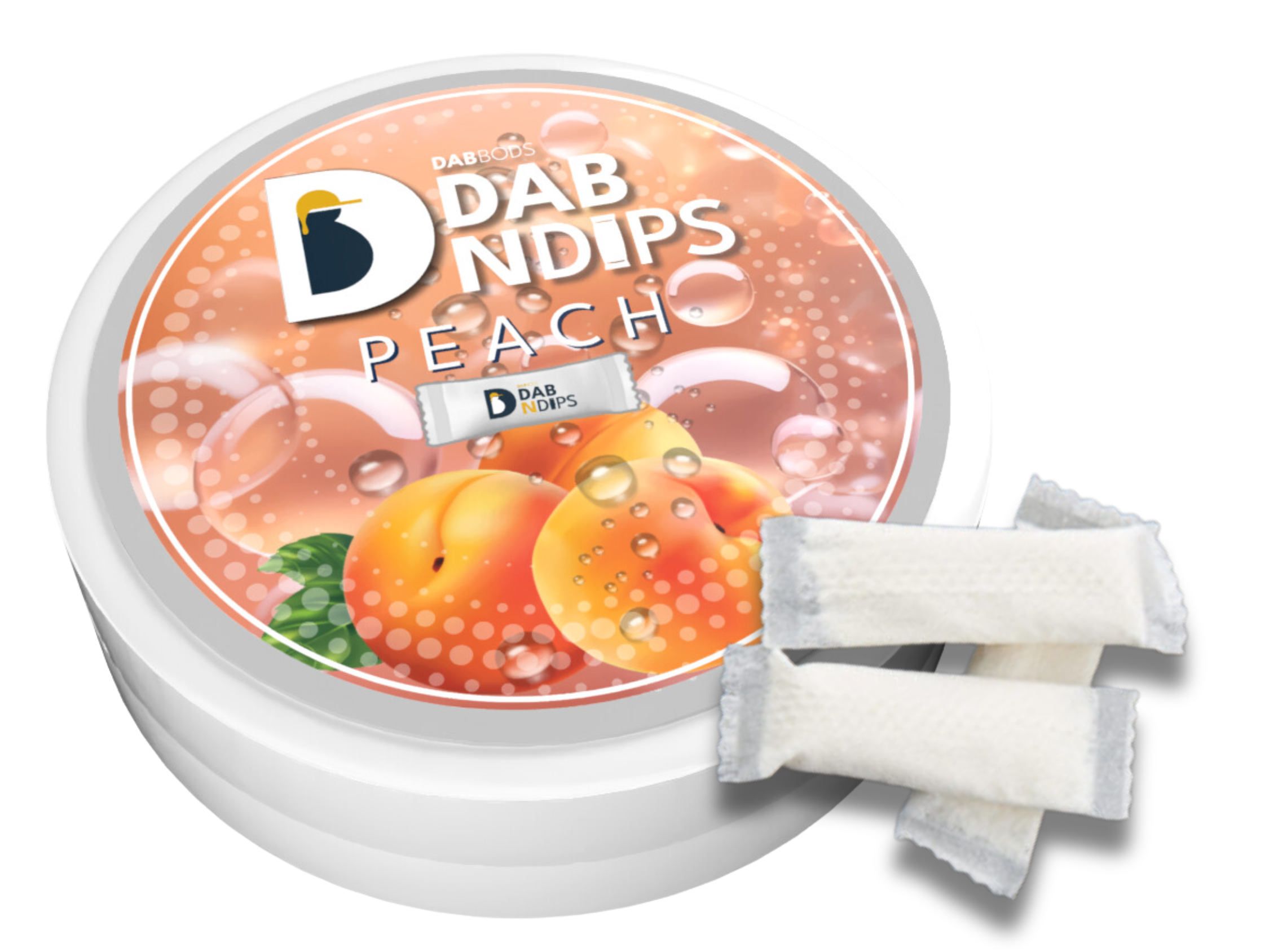 Peach Dab N Dips image of the canister and THC pouches