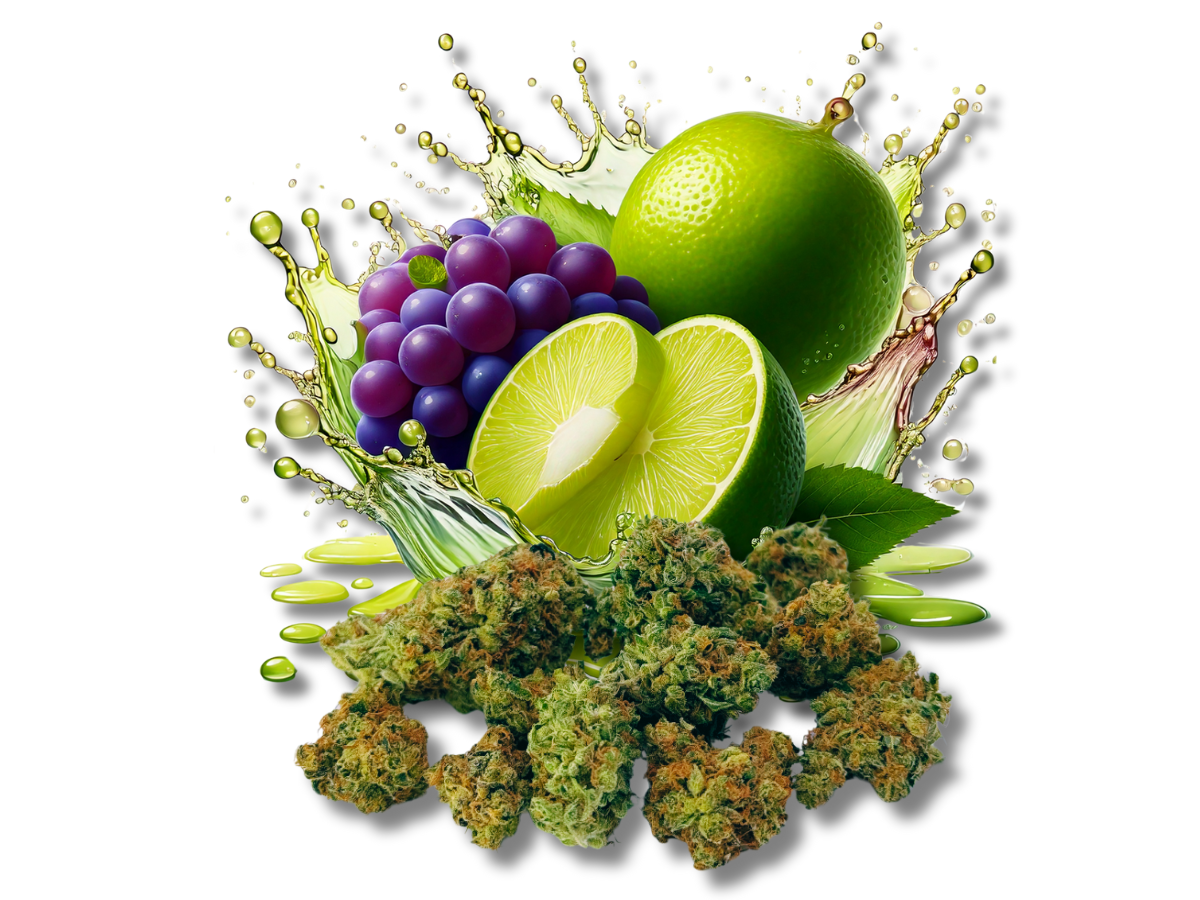 A photo of Grape Limeade fruit explosion with our botanical buds in front